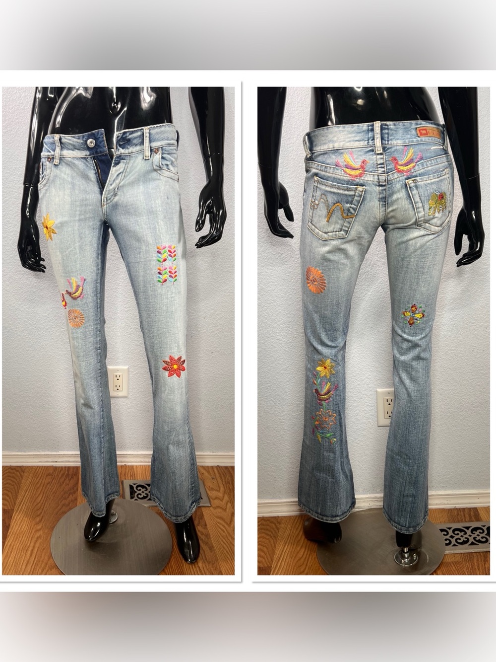 Consumers Guide Milk Vintage Cotton Embroidered Low Rise Boot Cut Jeans Sz 26